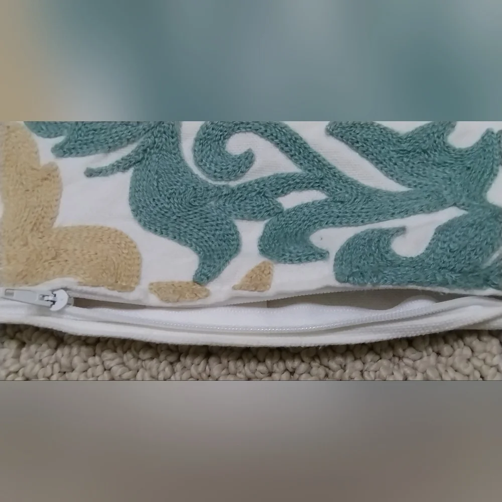 Stitched Teal and Gold on Woven Cream Cotton Fabric Throw Pillow Cover  (18 in)